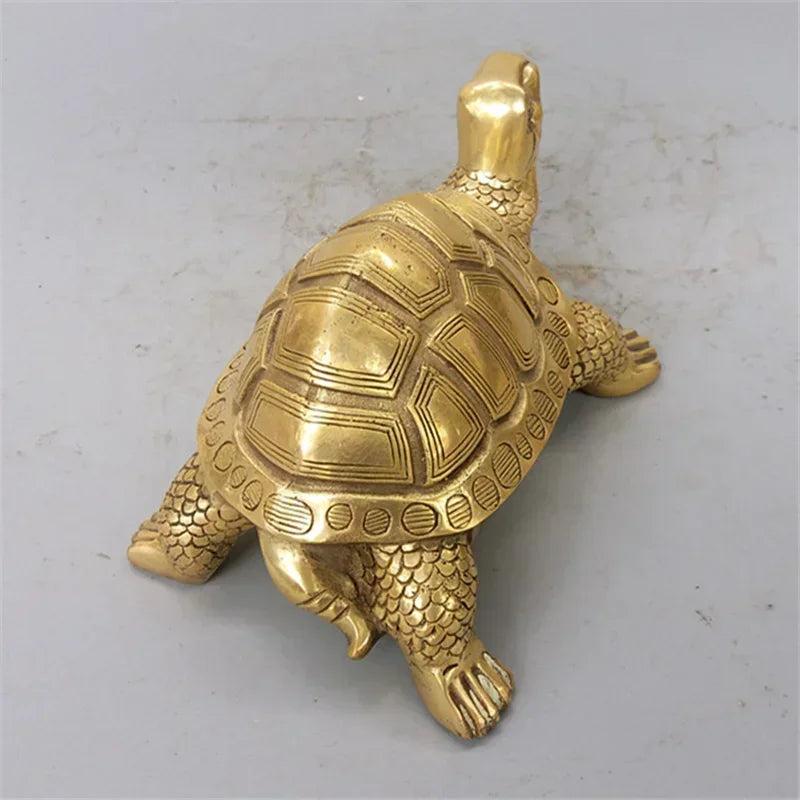 Pure copper tortoise statue with gold finish and detailed shell for home or desk decor on Tampa Home & Garden Store