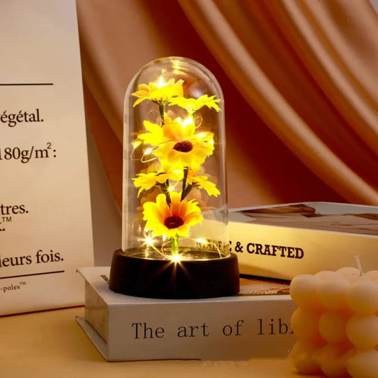 Sunflower LED Glass Dome Night Light Artificial Flower Graduation Gift Home Decor - Tampa Home & Garden Store