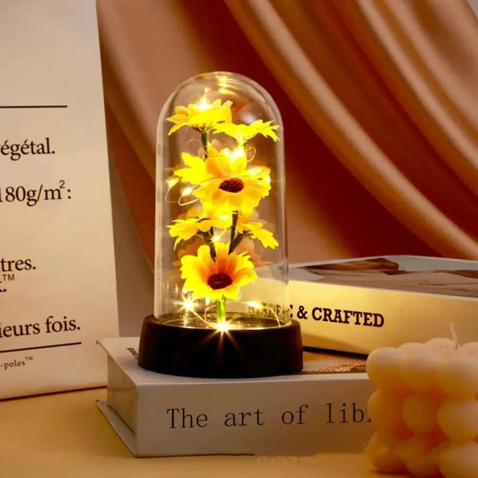 Sunflower LED glass dome night light graduation gift with warm LEDs and black base on Tampa Home & Garden Store