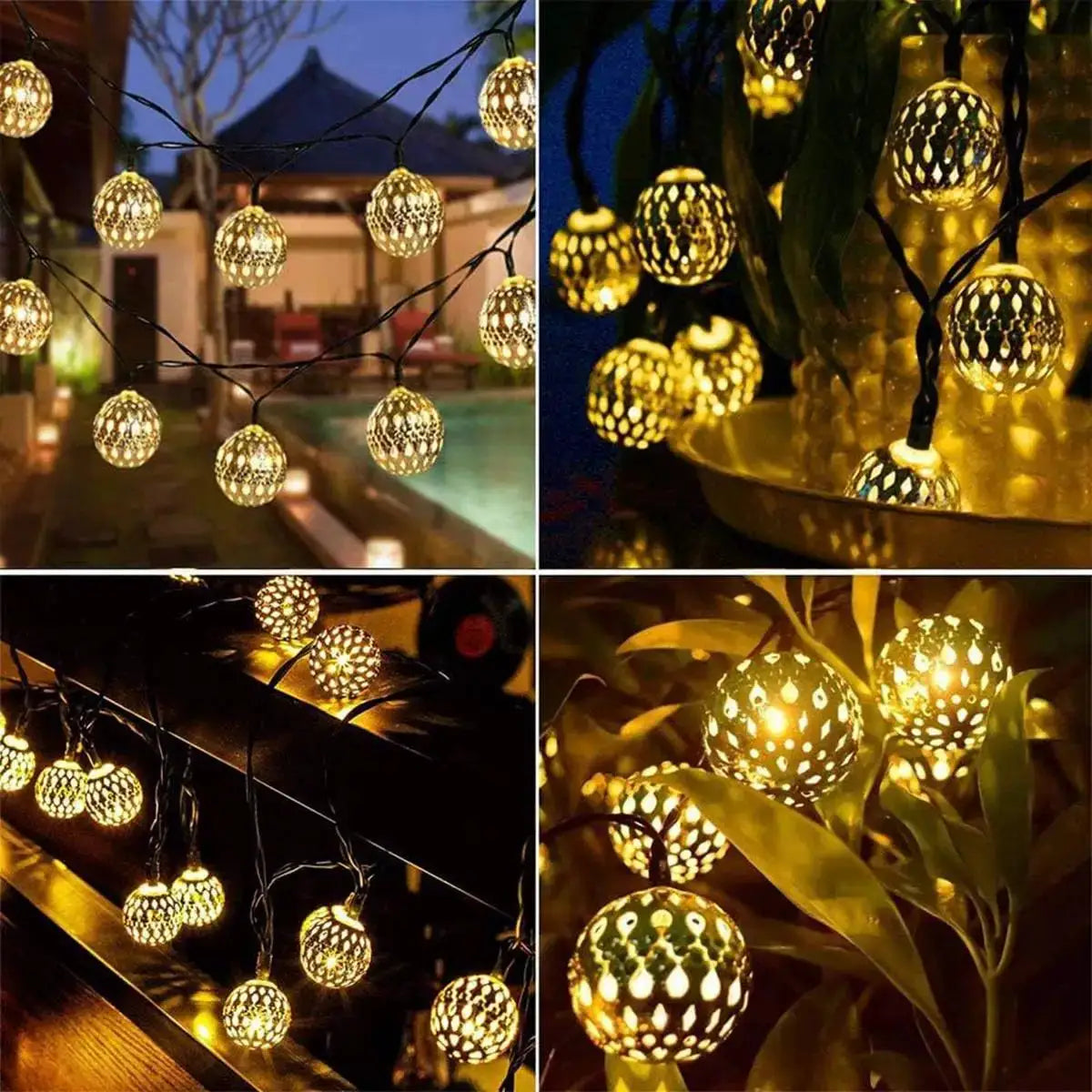 Moroccan Ball Solar String Lights with warm golden LED orbs for garden decor Moktan Sabai on Tampa Home & Garden Store
