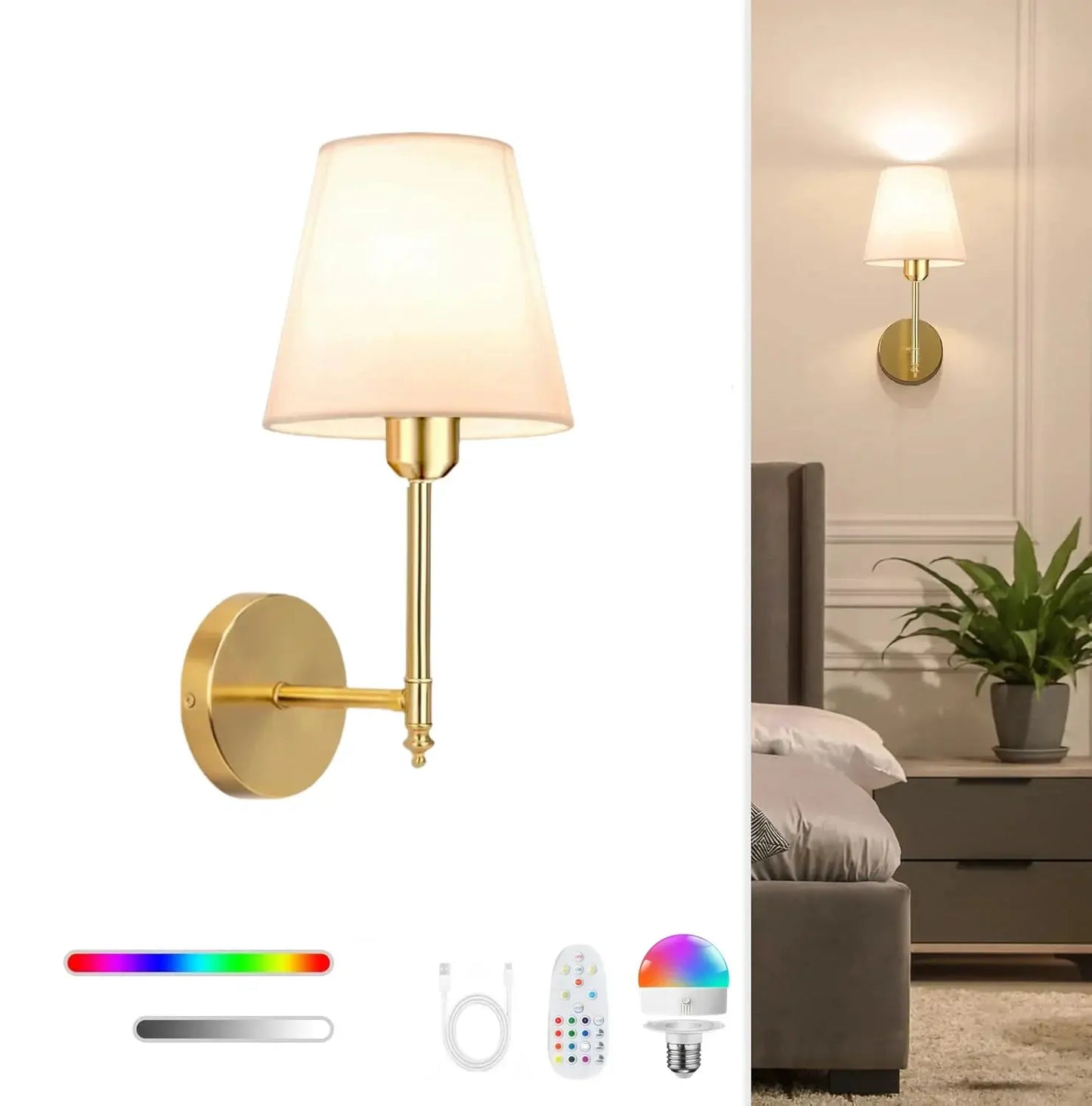 Wireless wall lamp with brass finish and white shade, rechargeable RGB light with remote on Tampa Home & Garden Store