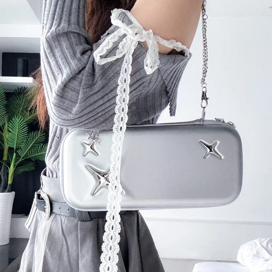 Switch 2 portable case EVA hard shell handbag in retro silver with star accents on Tampa Home & Garden Store