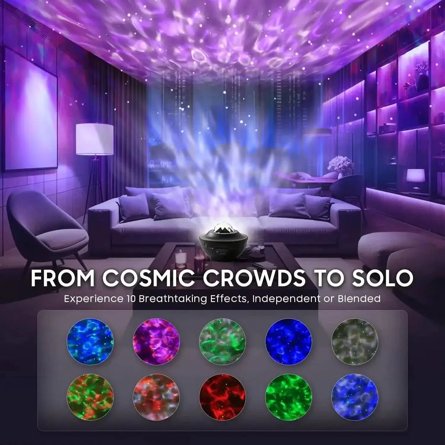 Black Moktan Sabai Galaxy Projector Night Light with ocean wave in a purple-lit living room on Tampa Home & Garden Store