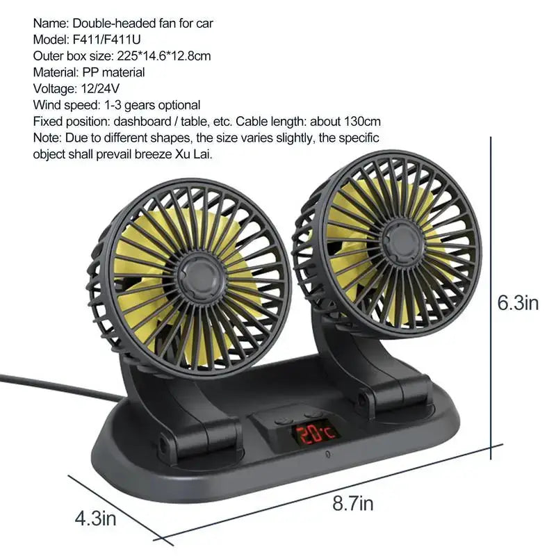 Dual-head 12V car fan, 3 speeds, black plastic base, yellow blades, digital display on dash on Tampa Home & Garden Store