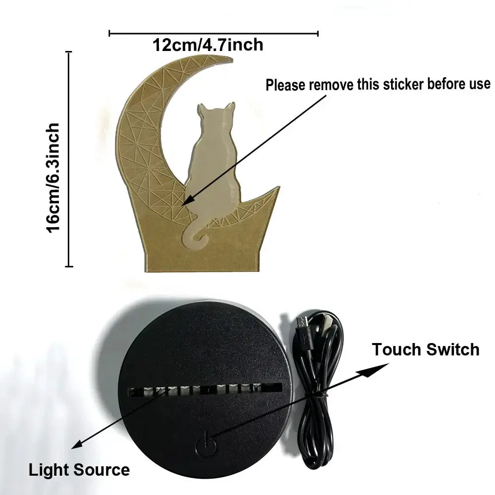 Moon Cat 3D Night Light with crescent moon and cat silhouette, USB powered, touch switch on Tampa Home & Garden Store