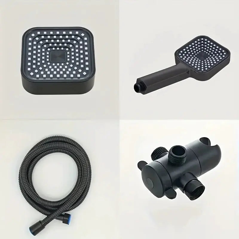 High Flow 2-in-1 Handheld Rain Shower Head Set black four-piece with square head, hose, valve on Tampa Home & Garden Store