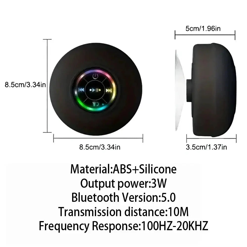 Round black waterproof Bluetooth speaker with LED ring and suction cup ABS+silicone 3W on Tampa Home & Garden Store