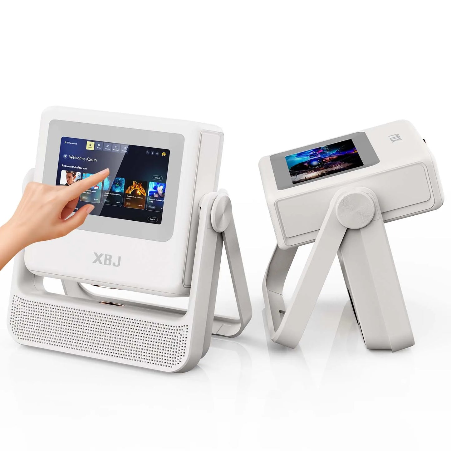 Two white 4K touch screen projectors on adjustable stands with built-in UI, XBJ WiFi on Tampa Home & Garden Store