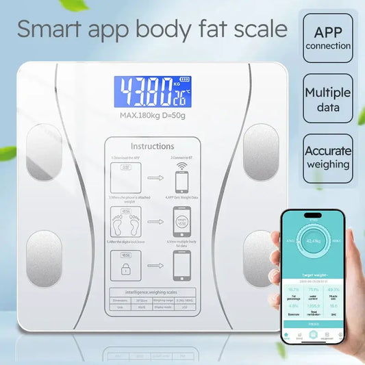Smart Bluetooth body fat scale by Moktan Sabai with LED display and app sync, white glass on Tampa Home & Garden Store