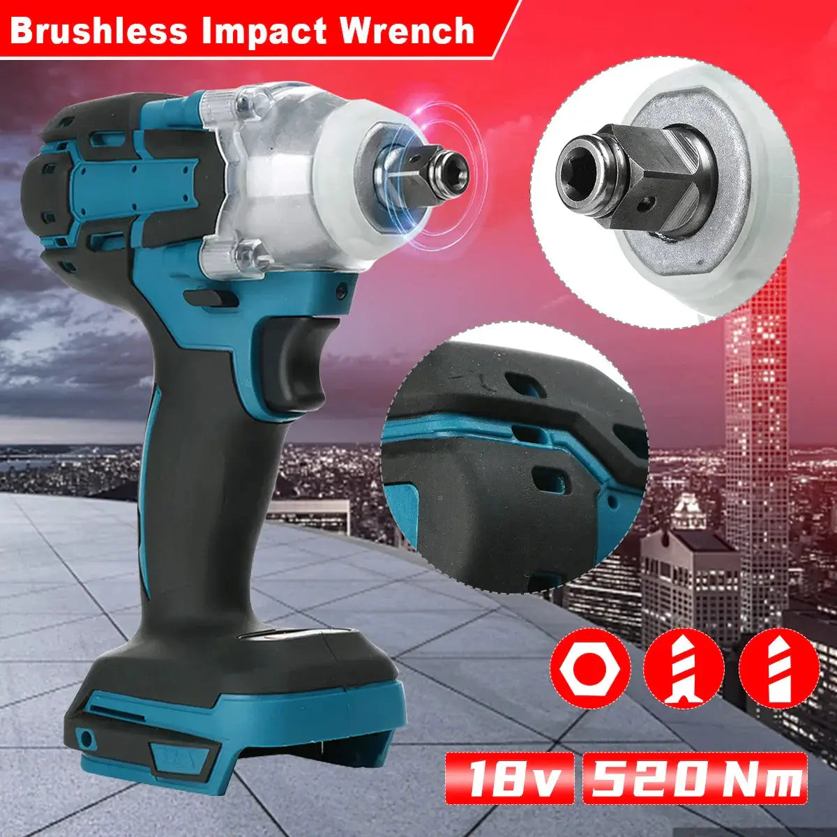 1/2 in Brushless Cordless Impact Wrench, 520 Nm, 18V, teal and black, ergonomic grip on Tampa Home & Garden Store