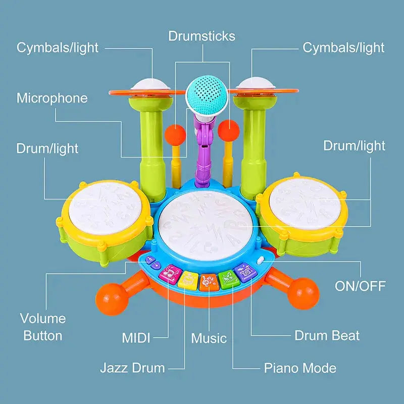 Toddler drum set with microphone and lights by Moktan Sabai; colorful kids percussion toy on Tampa Home & Garden Store