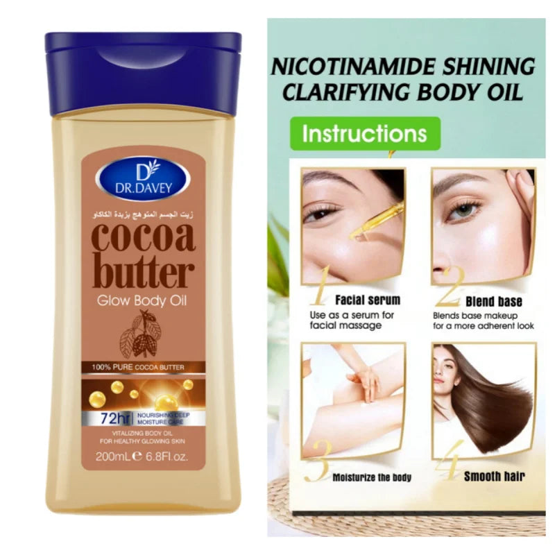 Cocoa butter glow body oil bottle beige container with blue cap Dr. Dravey label on Tampa Home & Garden Store