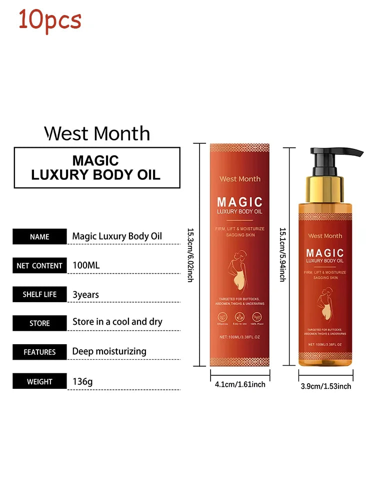 West Month Magic Luxury Body Oil bottle and box, orange packaging, pump bottle, 100ml on Tampa Home & Garden Store