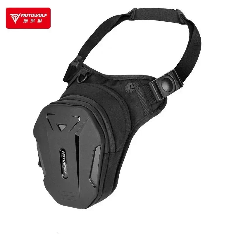 Motorcycle leg-side hard-shell fanny pack in black with adjustable strap; Motowolf logo on Tampa Home & Garden Store