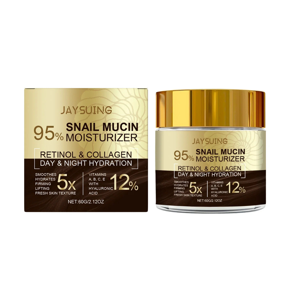 Snail Mucin Moisturizer box & jar, 95% snail mucin with retinol & collagen, gold packaging on Tampa Home & Garden Store