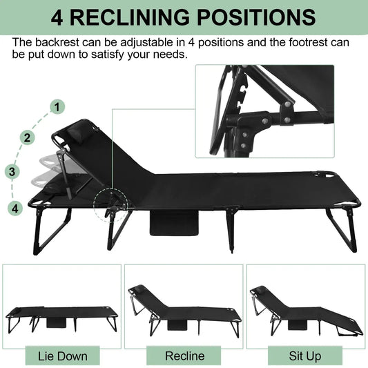 Moktan Sabai folding camping cot with adjustable recline, black steel frame, multiple positions on Tampa Home & Garden Store