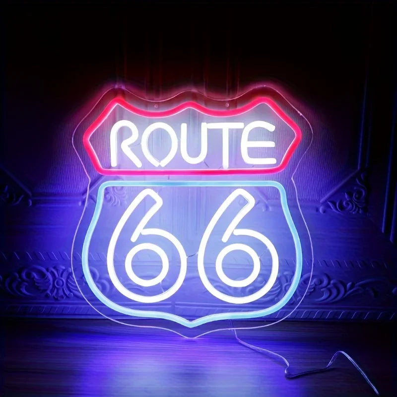 Route 66 neon sign with red outline and blue shield, for home or man cave decor on Tampa Home & Garden Store