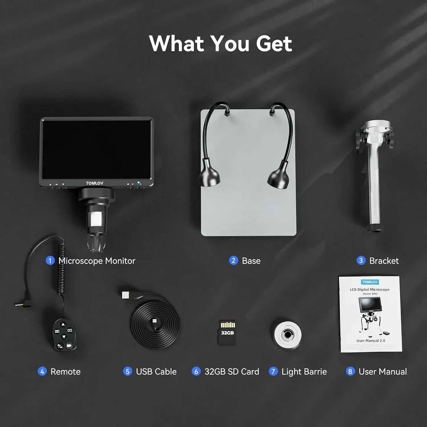 7 inch LCD USB microscope monitor with base and bracket, Tomlov brand, includes remote on Tampa Home & Garden Store
