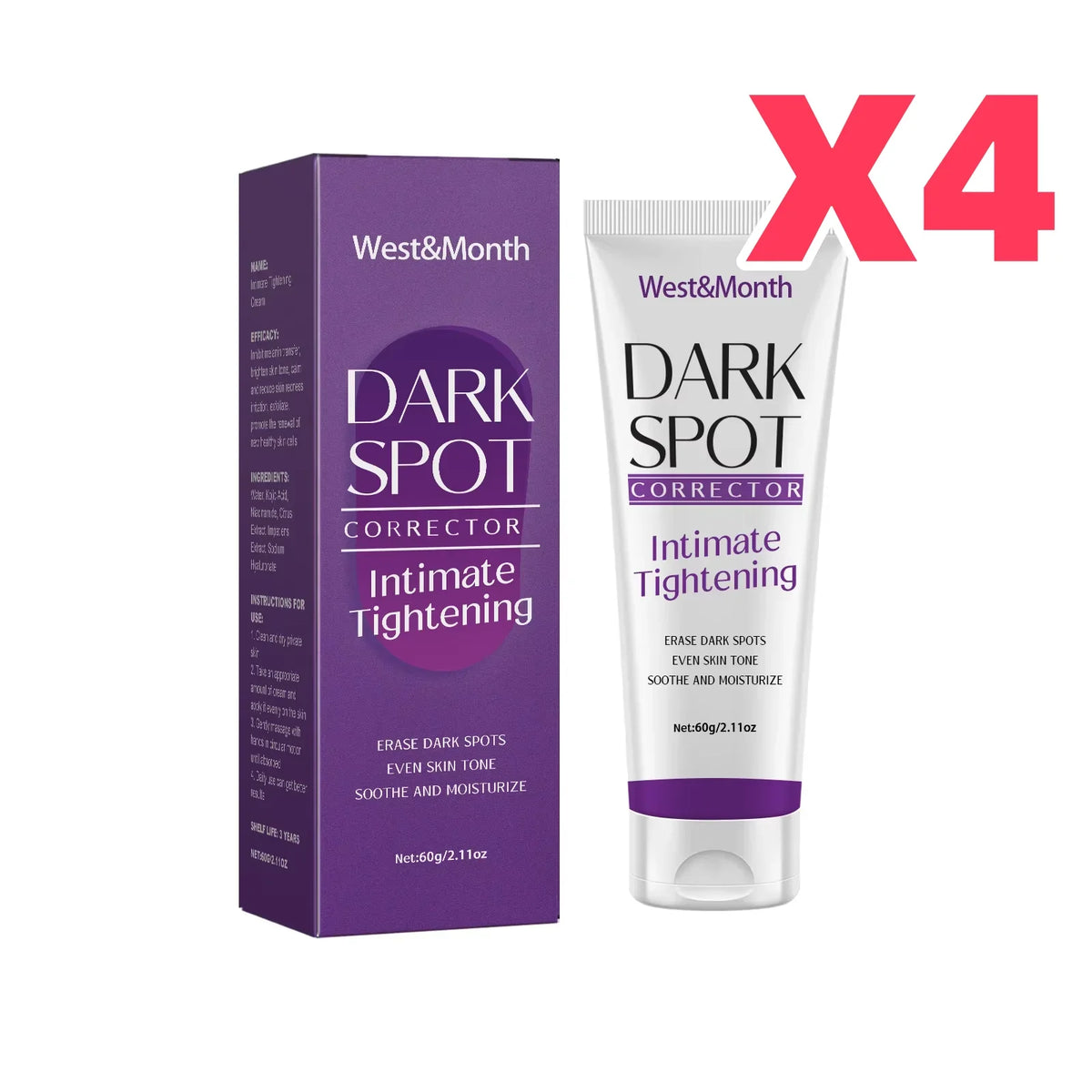West&Month Dark Spot Corrector Intimate Tightening cream set with purple box and white tube, 4-pack on Tampa Home & Garden Store