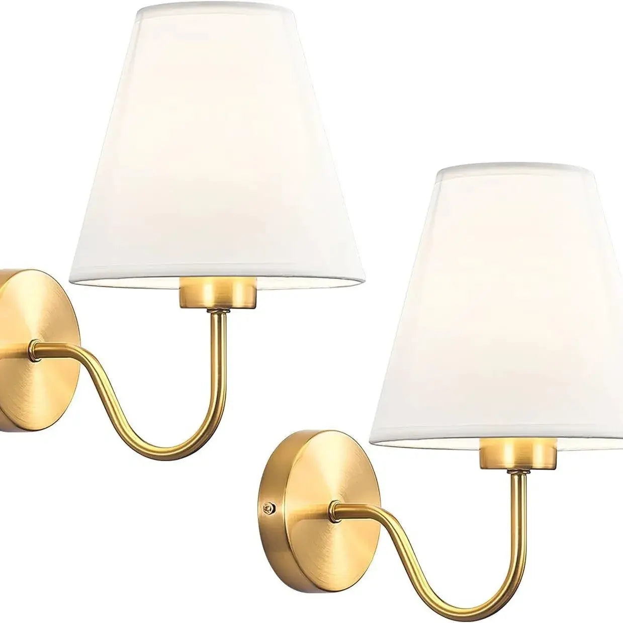 Modern fabric wall lamp and retro bedside sconce with dual brass arms and white shades on Tampa Home & Garden Store