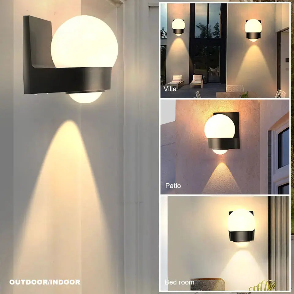 IP66 Waterproof LED Wall Light 8W; Moktan Sabai black wall bracket with white globe on Tampa Home & Garden Store