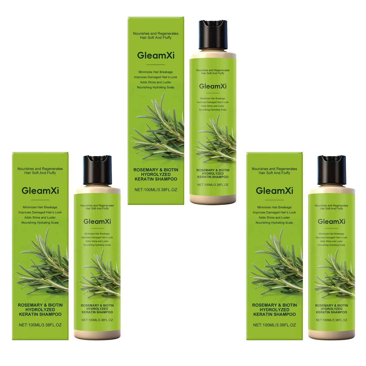 Shampoo bottles and green boxes, GleamXi rosemary & biotin keratin shampoo by Silcy Skin on Tampa Home & Garden Store