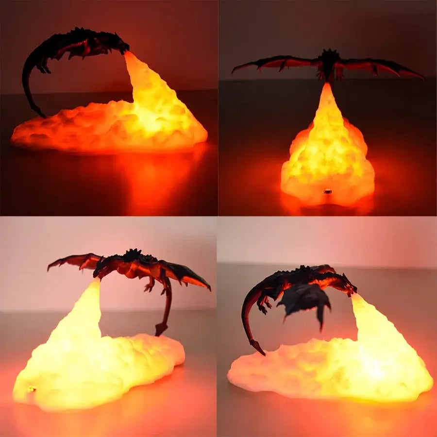 3D Printed Dragon LED Night Light perched on a glowing orange lava rock base, rechargeable on Tampa Home & Garden Store