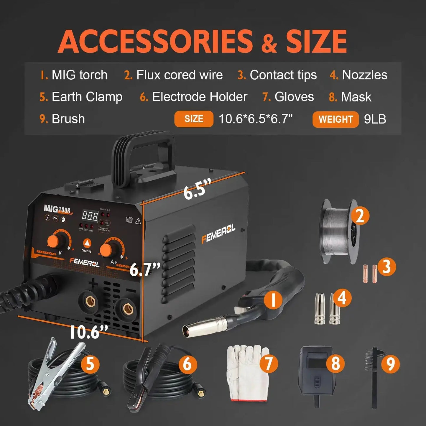 Moktan Sabai 2-in-1 MIG Welder 130A gasless flux-core arc welding machine with accessories on Tampa Home & Garden Store