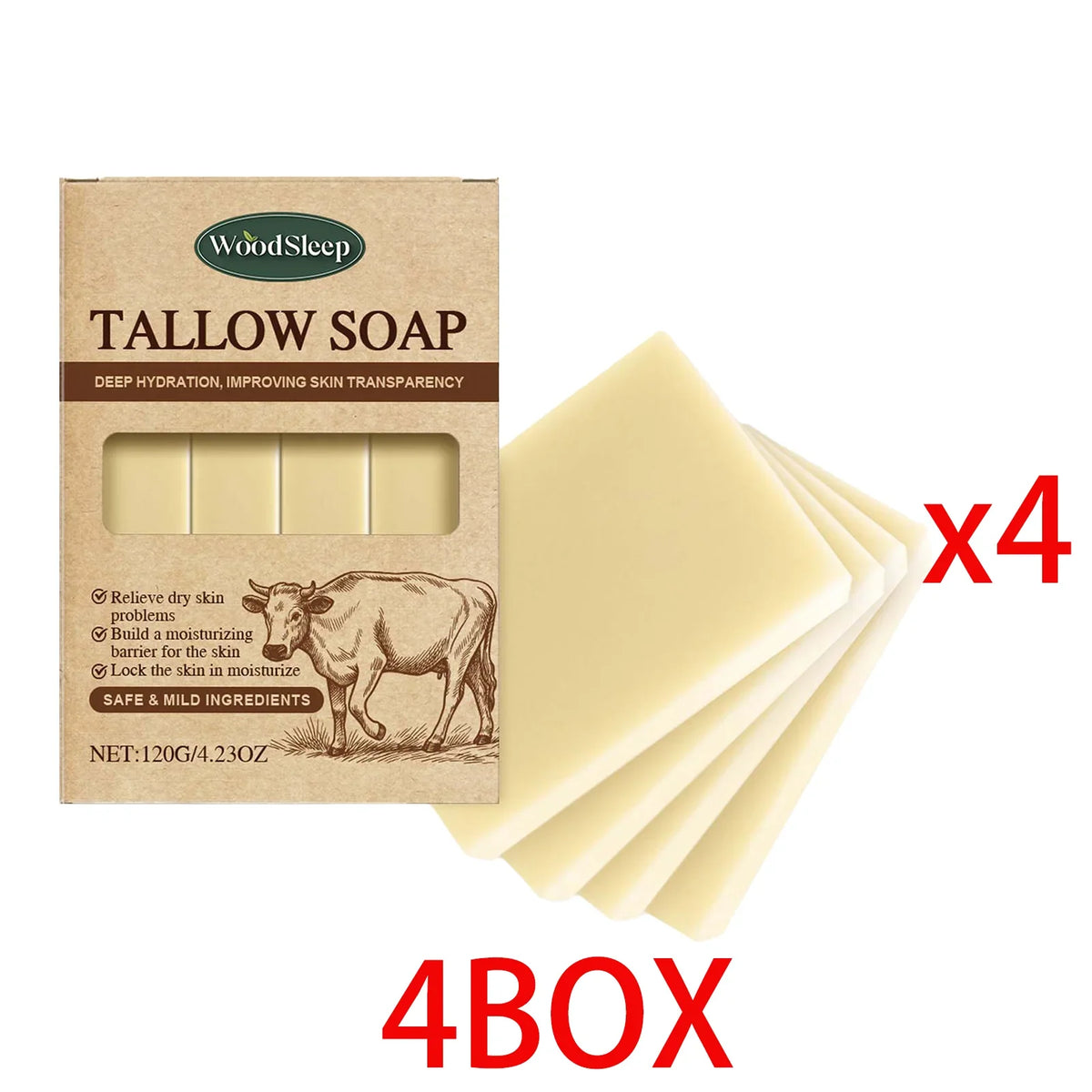 WoodSleep Tallow Soap box with four beige bars, cow illustration, 120g net x4 on Tampa Home & Garden Store