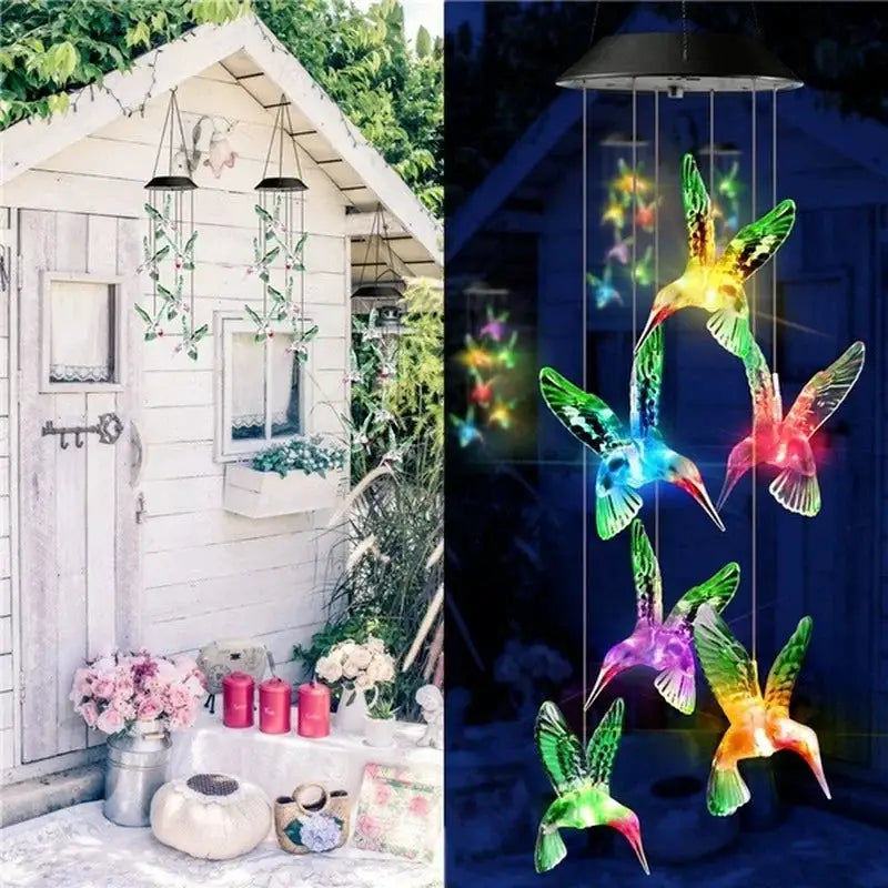 Solar LED Wind Chime Crystal Ball Color Changing wind chimes with six hummingbirds Moktan Sabai on Tampa Home & Garden Store