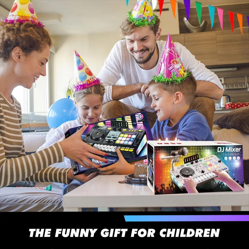 Kids DJ Mixer Controller Toy with Microphone, colorful controls, family celebrating; boxed DJ gear visible on Tampa Home & Garden Store