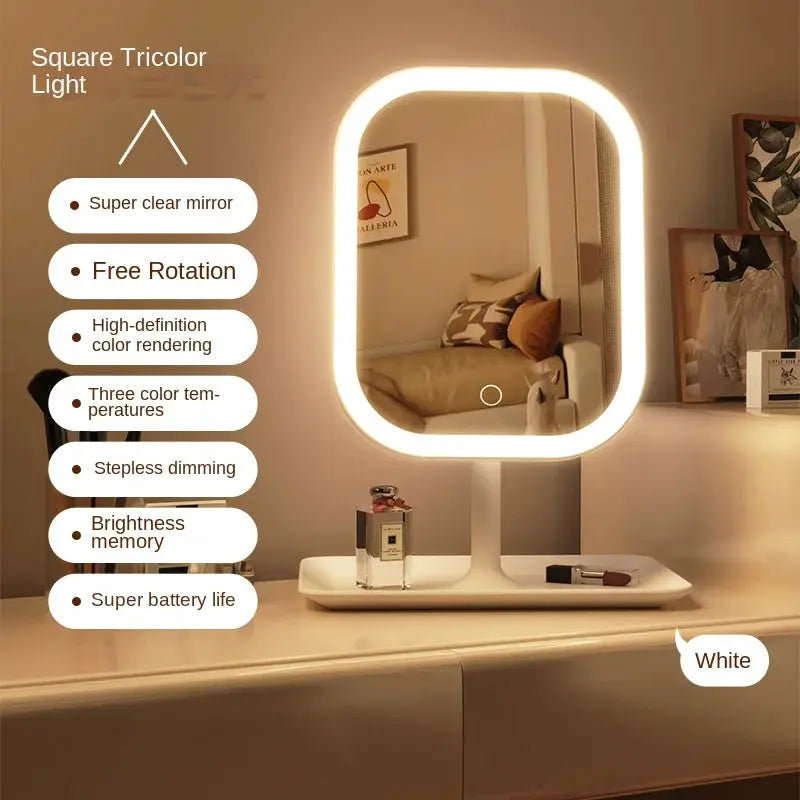 LED Vanity Mirror Moktan Sabai with 3 color lights, square rounded frame on white desk stand on Tampa Home & Garden Store