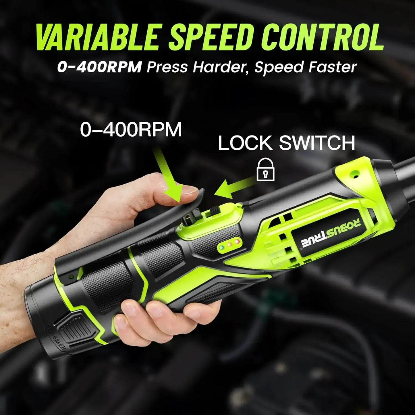 3/8 inch cordless ratchet wrench Moktan Sabai neon green/black, variable speed 0–400 RPM on Tampa Home & Garden Store