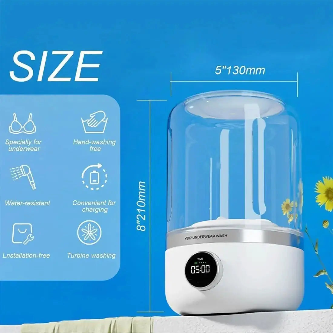 Wireless 1L mini washing machine by Moktan Sabai with clear drum and digital display on Tampa Home & Garden Store