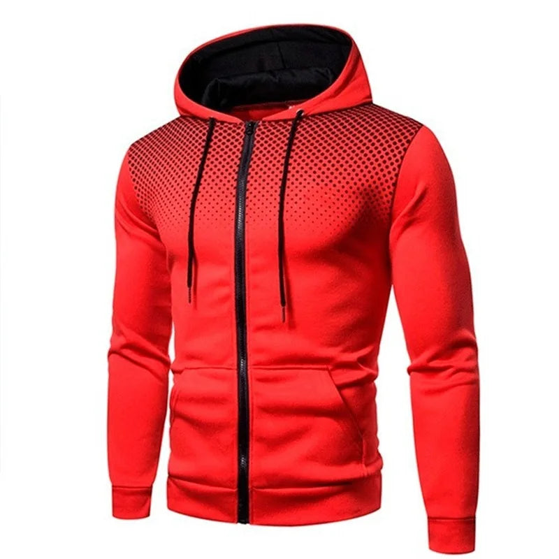 Men's red zip-up hoodie by UpTrend Deals, black polka dot chest, pockets, sporty casual on Tampa Home & Garden Store