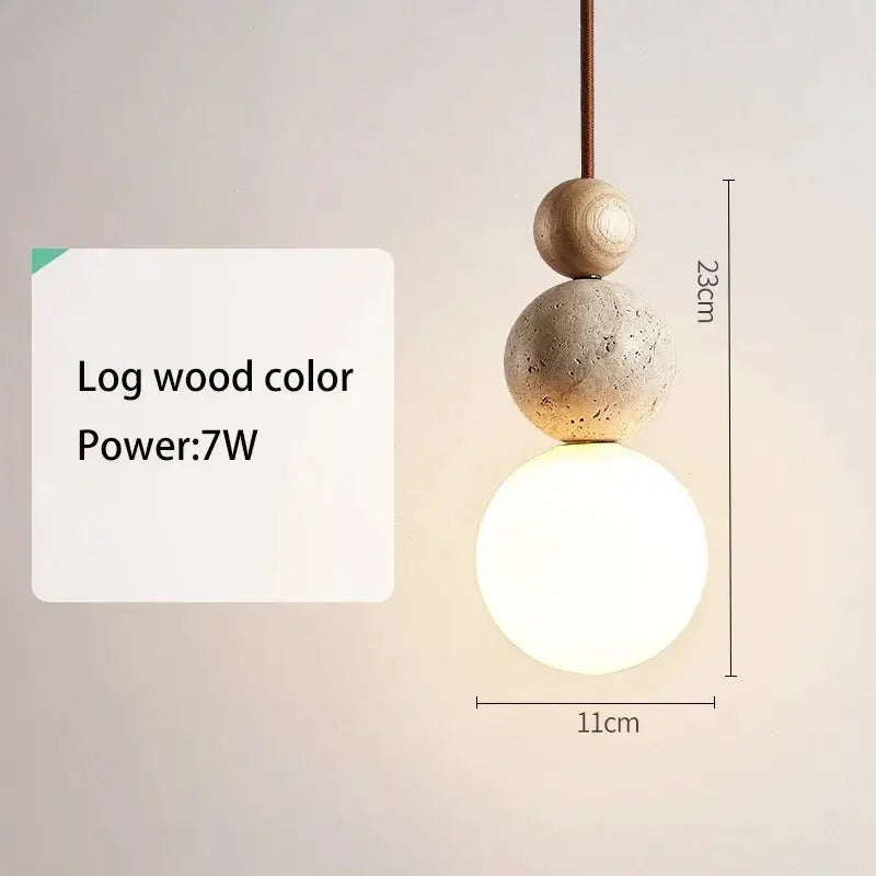 Wabi Sabi LED pendant light with log wood and stone orb, 7W Moktan Sabai chandelier on Tampa Home & Garden Store