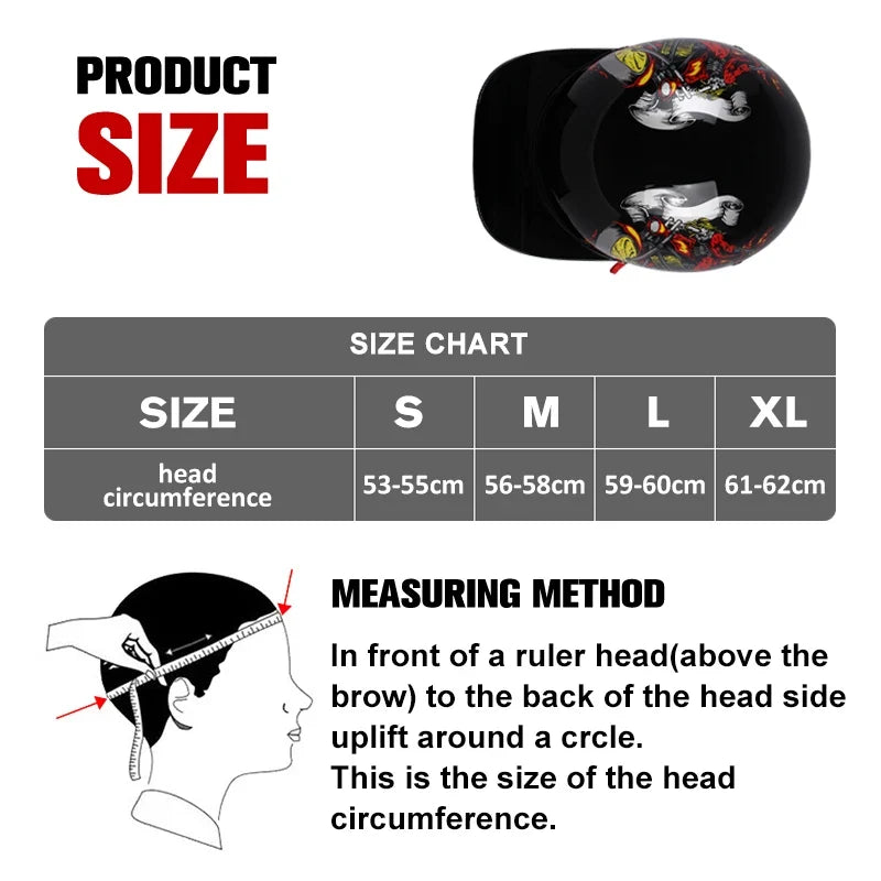 Boss Vintage Half Motorcycle Helmet by BikerZoneZ, black with retro skull graphic; size chart on Tampa Home & Garden Store