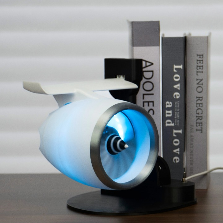 Cool Mist Humidifier RGB Light Turbo Fan by Moktan Sabai, white with blue glow on black base on Tampa Home & Garden Store