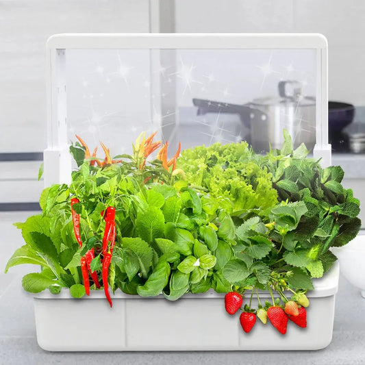 Hydroponic 15-Pod Indoor Garden with Full Spectrum LED by Moktan Sabai, white frame herbs on Tampa Home & Garden Store