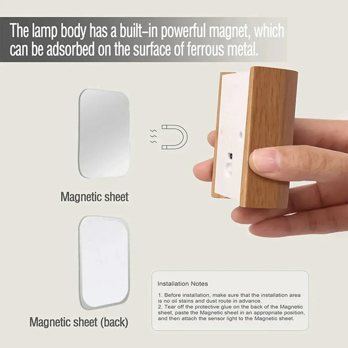 Rechargeable Motion Sensor Wall Light Wood Finish with white panel and magnetic mounting sheets on Tampa Home & Garden Store
