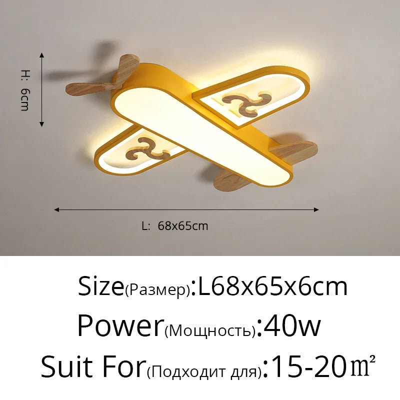DecorBites Kids LED wood ceiling light, airplane-shaped in yellow and natural wood on Tampa Home & Garden Store