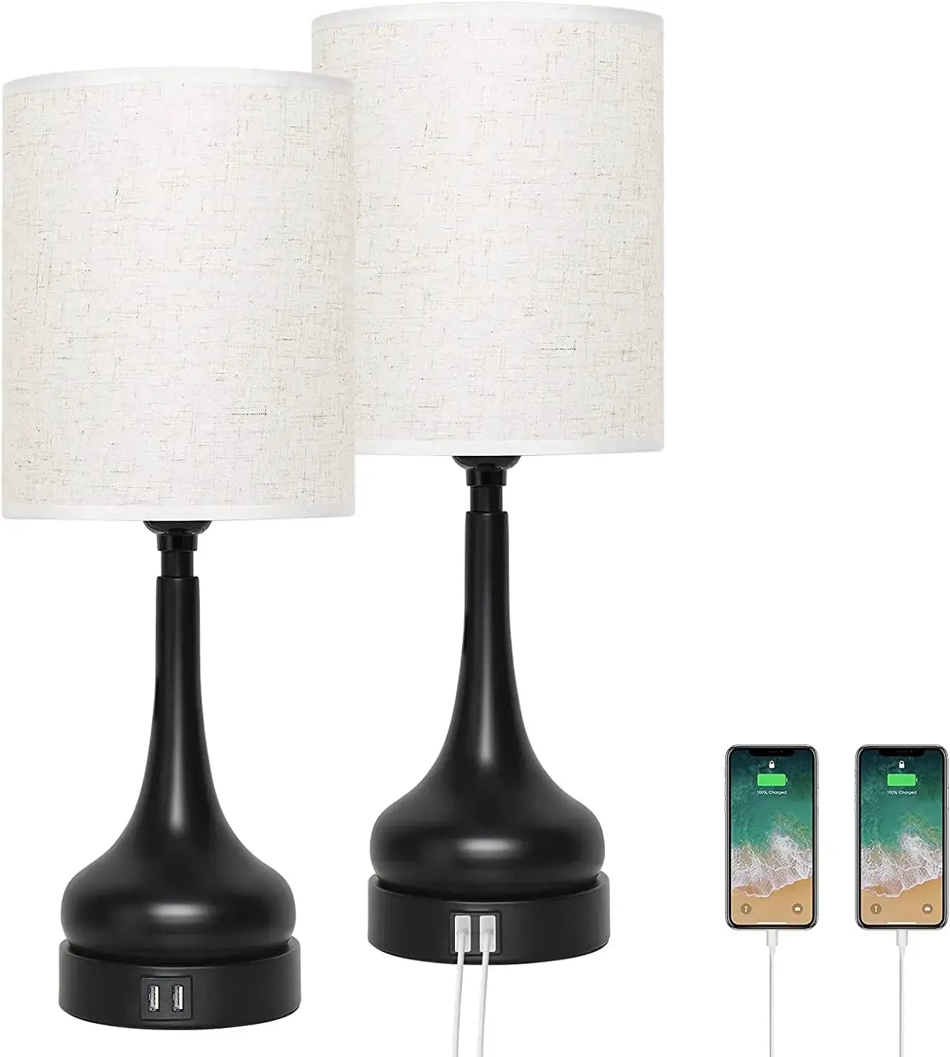 Bedside Lamp Set of 2 with USB charging, Moktan Sabai, black bases & white fabric shades on Tampa Home & Garden Store