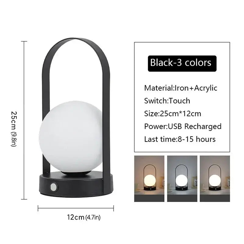 Portable bedside dimmable metal lamp with white globe LED, 3-color LED, Moktan Sabai on Tampa Home & Garden Store
