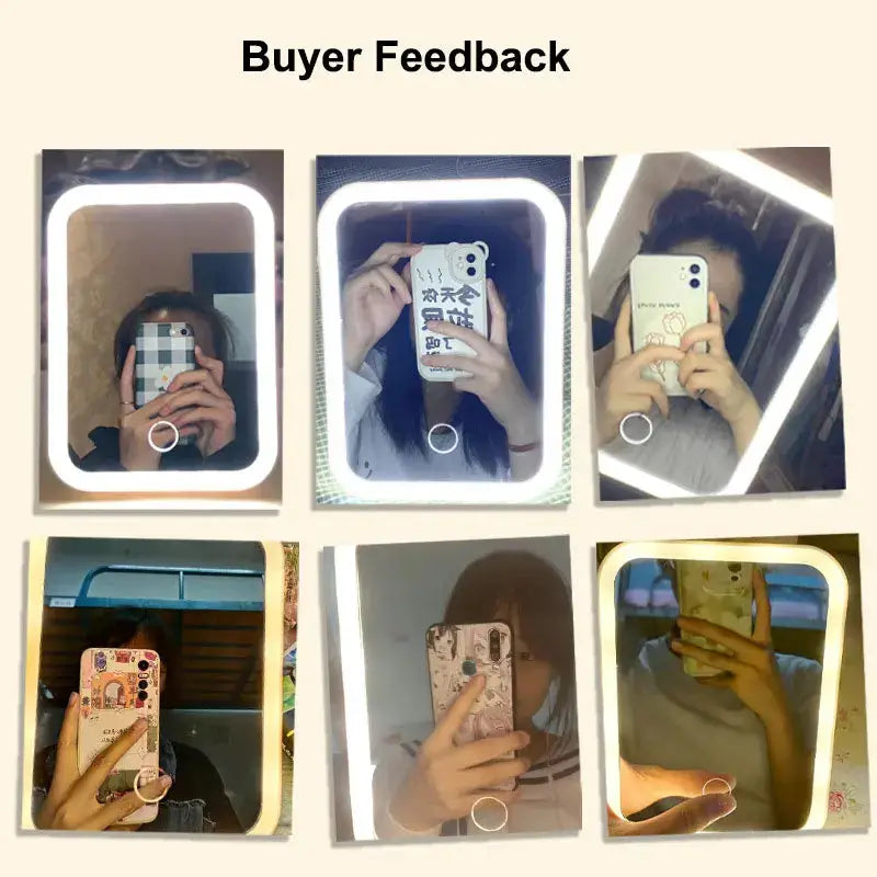 Led Vanity Mirror Touch Screen USB Rechargeable with white LED rim in a 6-photo collage on Tampa Home & Garden Store