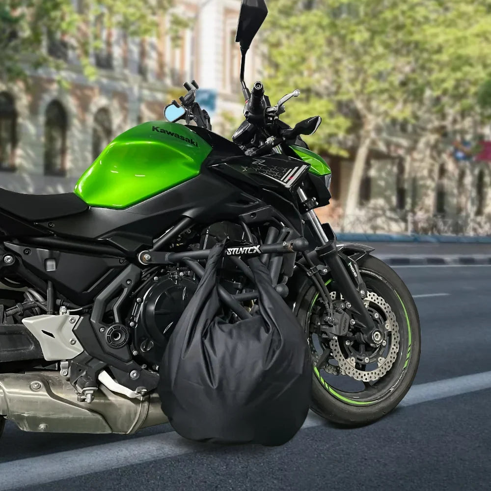 Motorbike helmet bag black waterproof with lock on a green Kawasaki bike by BikerZoneZ on Tampa Home & Garden Store