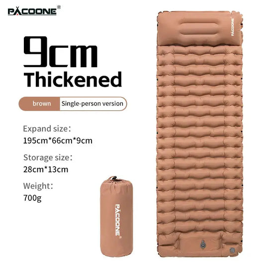 Pacoone inflatable camping mattress with pillow brown 9cm thick single-person sleeping pad on Tampa Home & Garden Store