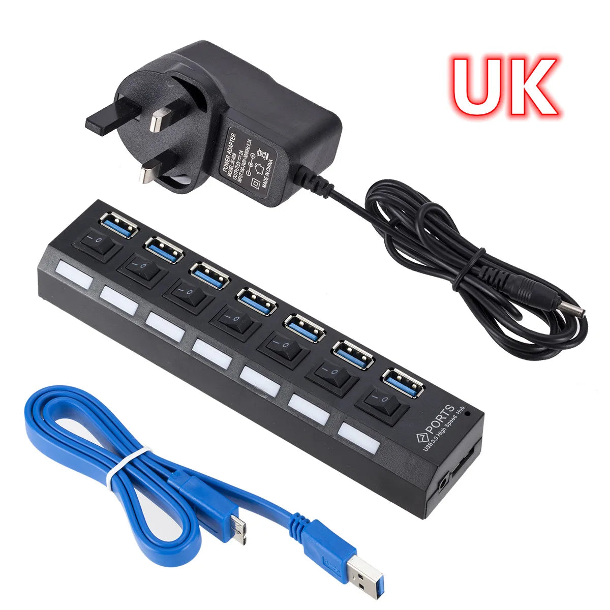 7-Port USB 3.0 hub with power adapter and blue USB cables UK plug on Tampa Home & Garden Store
