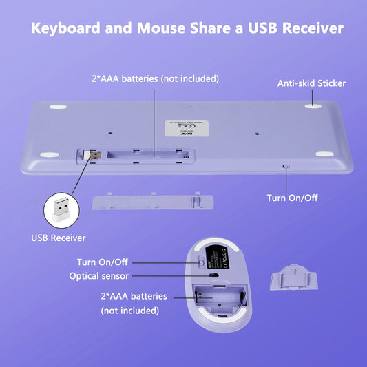Purple wireless keyboard and mouse set; USB receiver; 2 AAA slots not included; on/off switch on Tampa Home & Garden Store