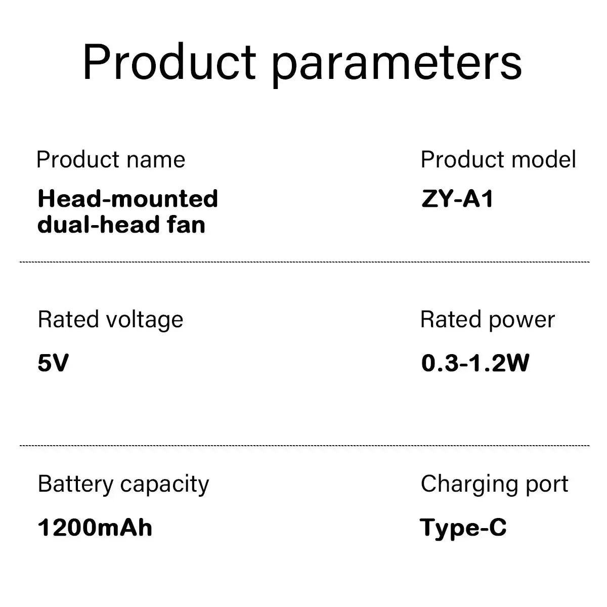 Head-mounted dual-head fan ZY-A1, 5V, 0.3–1.2W, 1200mAh, USB-C charging port on Tampa Home & Garden Store