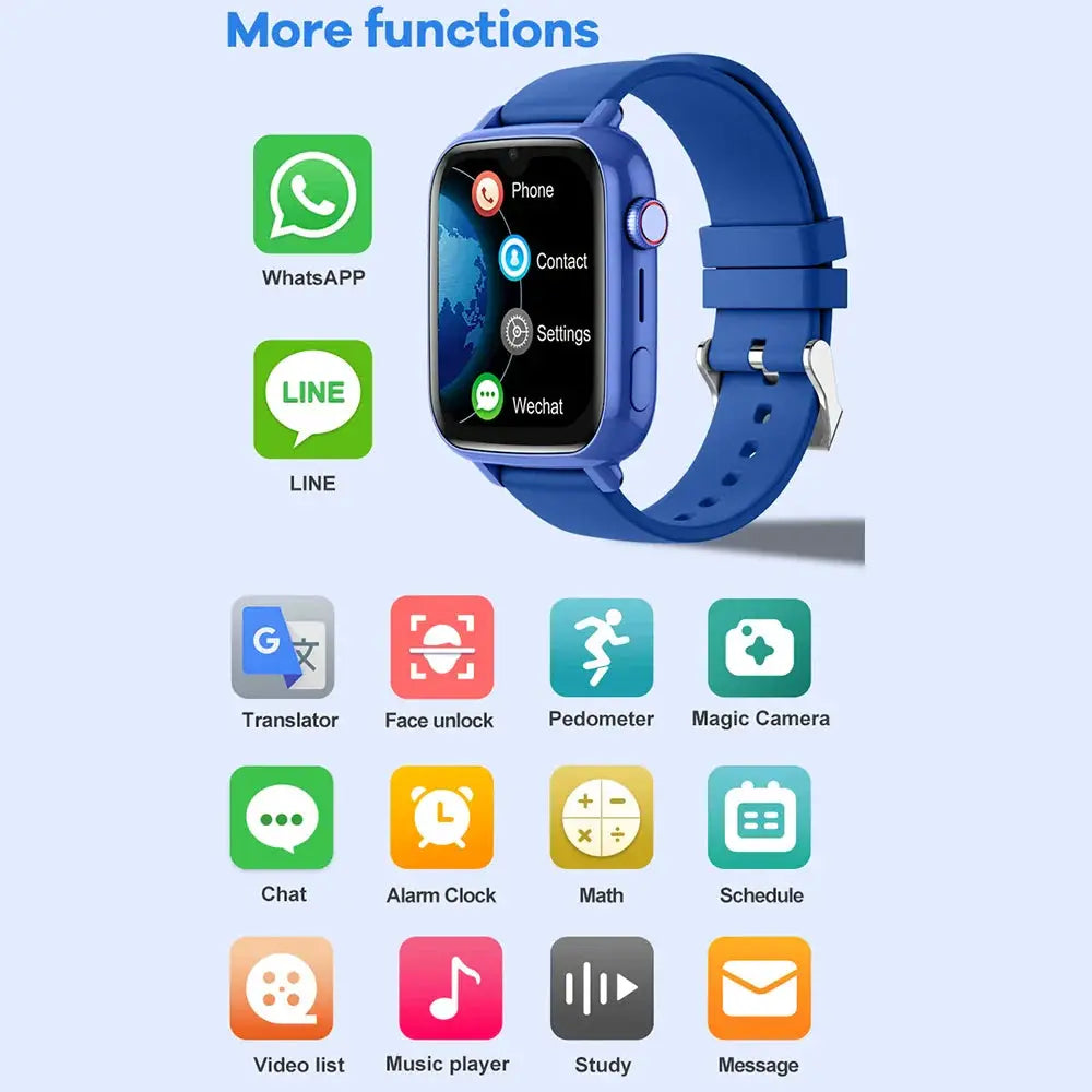 4G Kids Smart Watch Moktan Sabai blue with GPS, video call and SOS; app icons visible on screen on Tampa Home & Garden Store